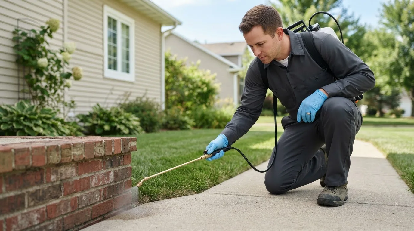 Pest control technician treating a home near Rockland, MA